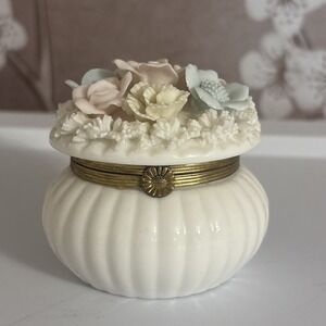 Vintage Original Arnart Creations Round Pink Floral Porcelain Hinged Trinket Box